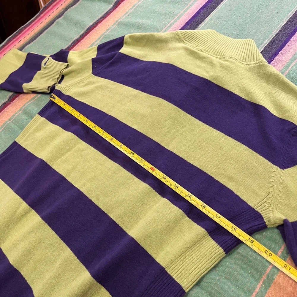 Le Tigre Quarter Zip Sweater Mens Large Green Purple Striped Cotton Pullover